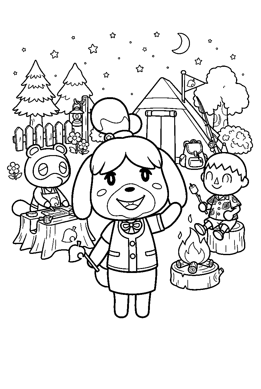 animal crossing characters at campsite line art