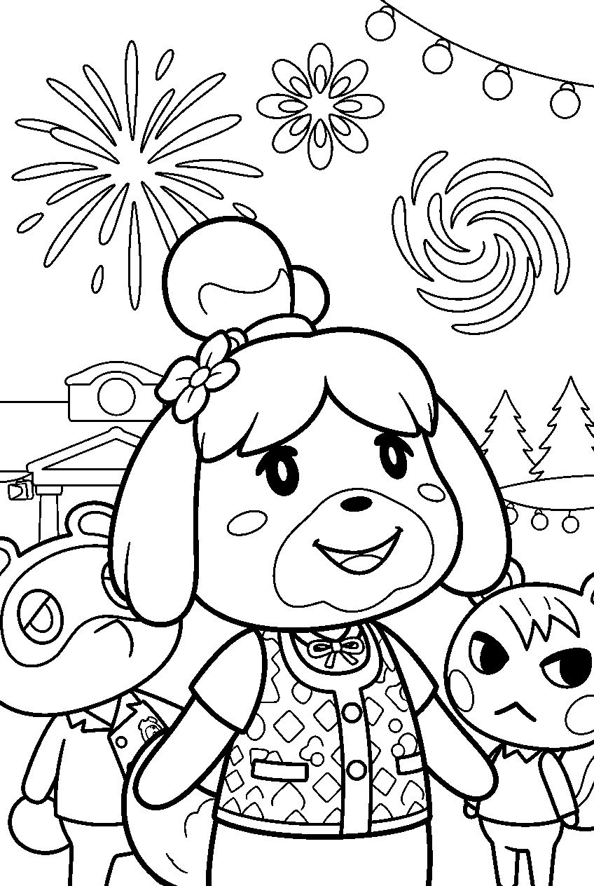 animal crossing characters at fireworks show line art