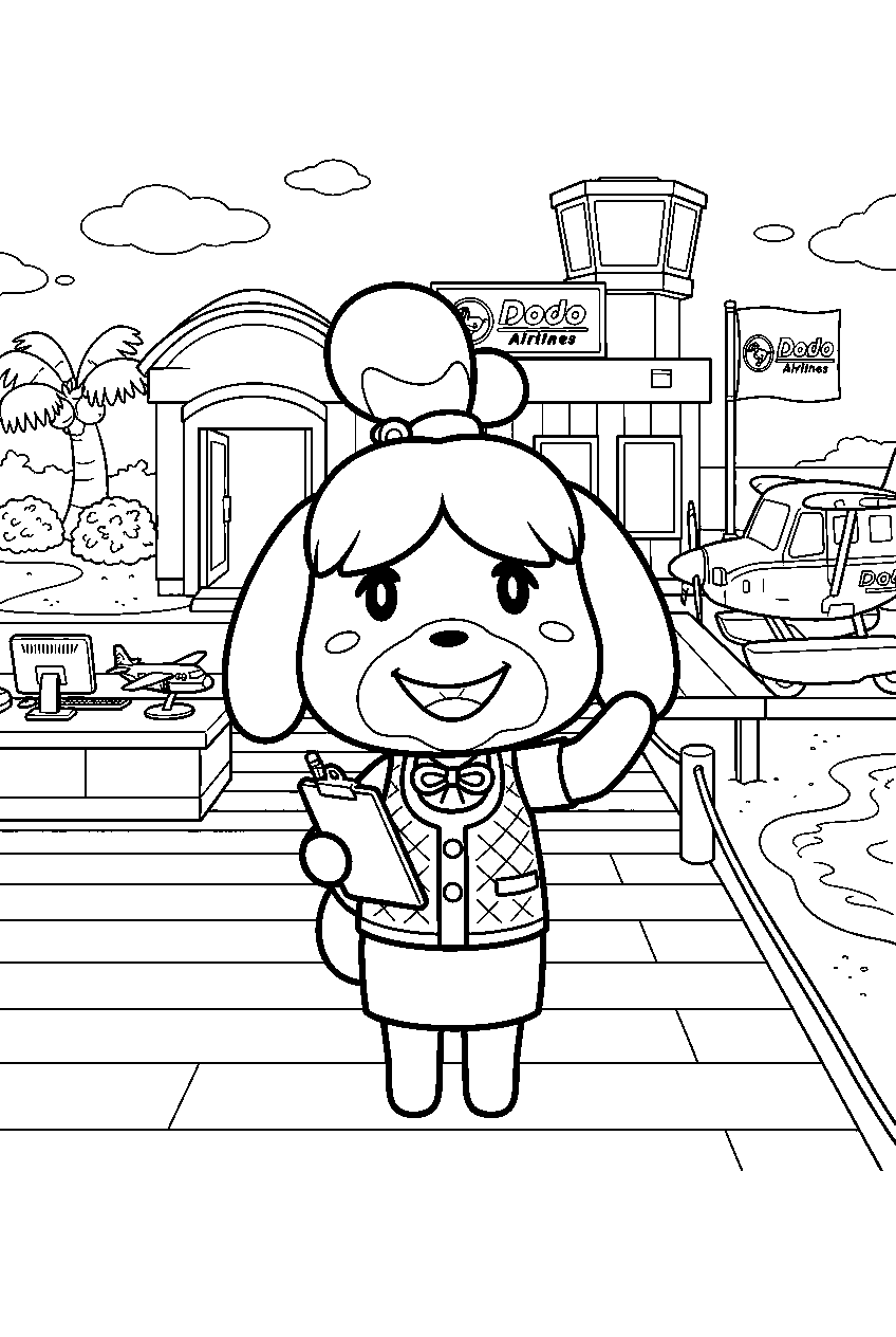 animal crossing characters at island airport line art