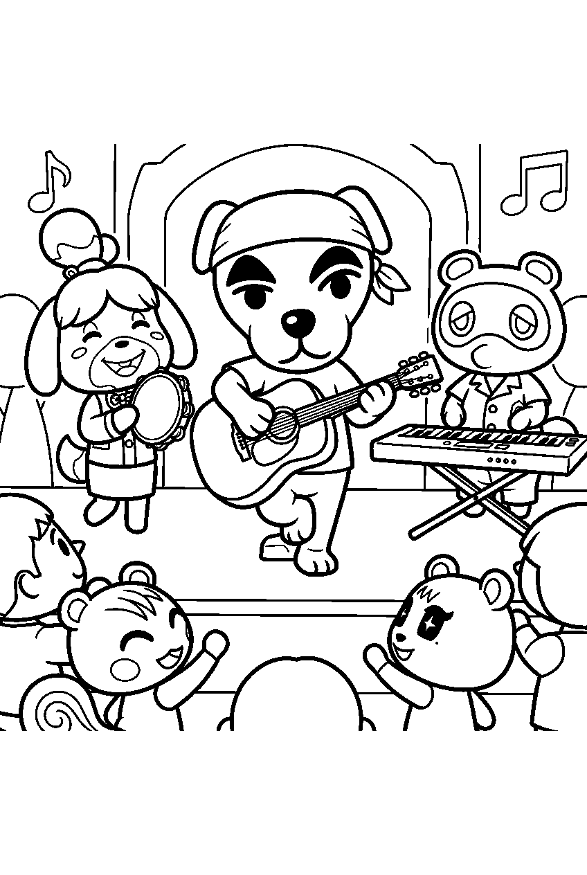 animal crossing characters at music concert line art