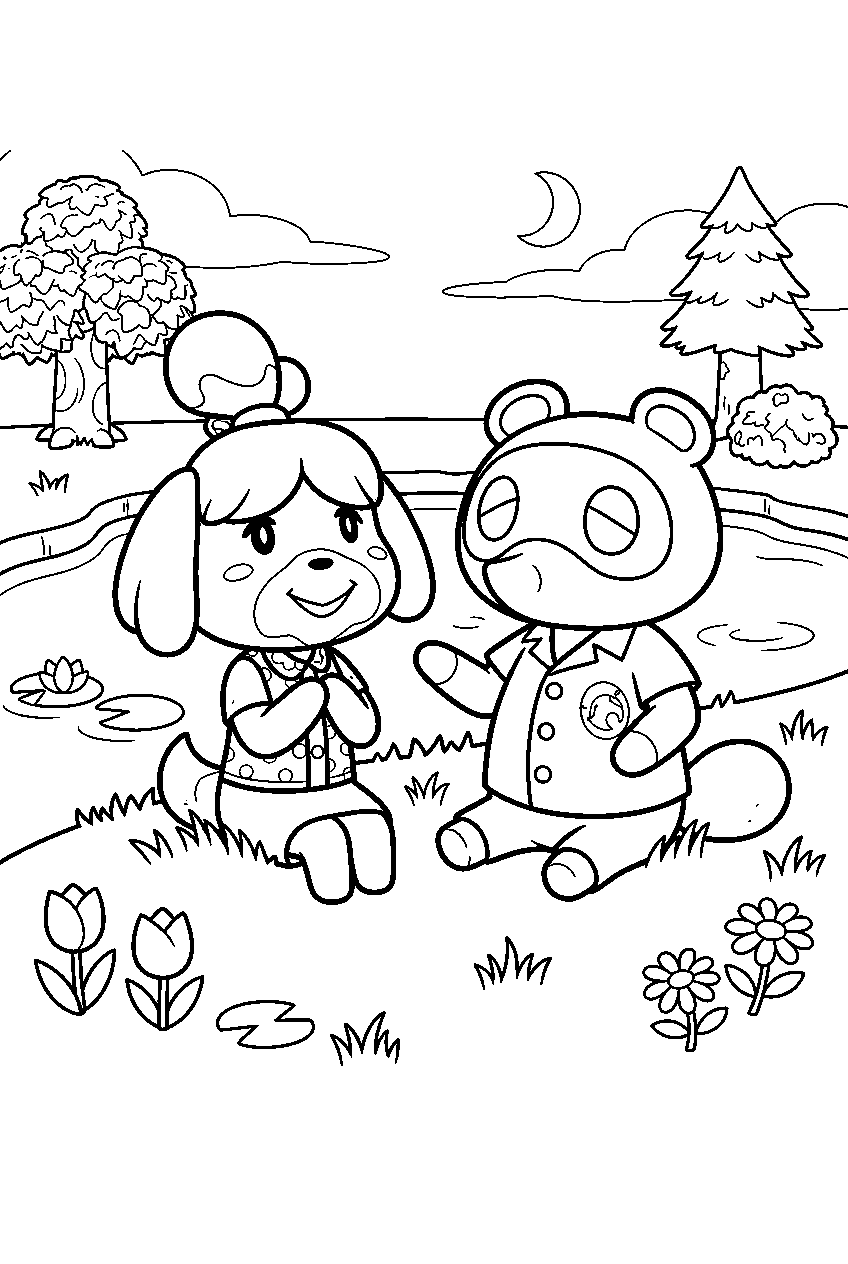 animal crossing characters by the pond line art