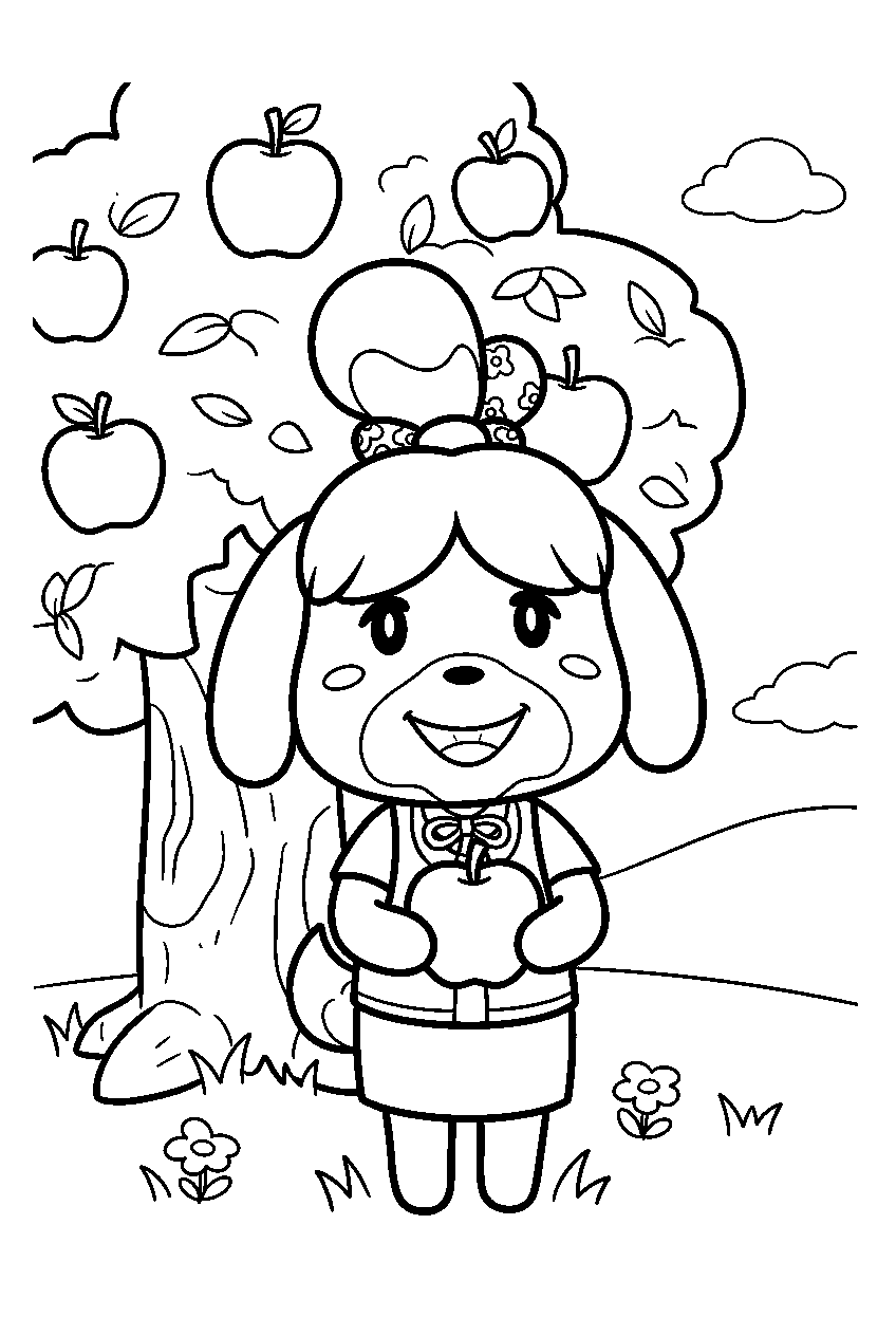 animal crossing characters in apple orchard line art