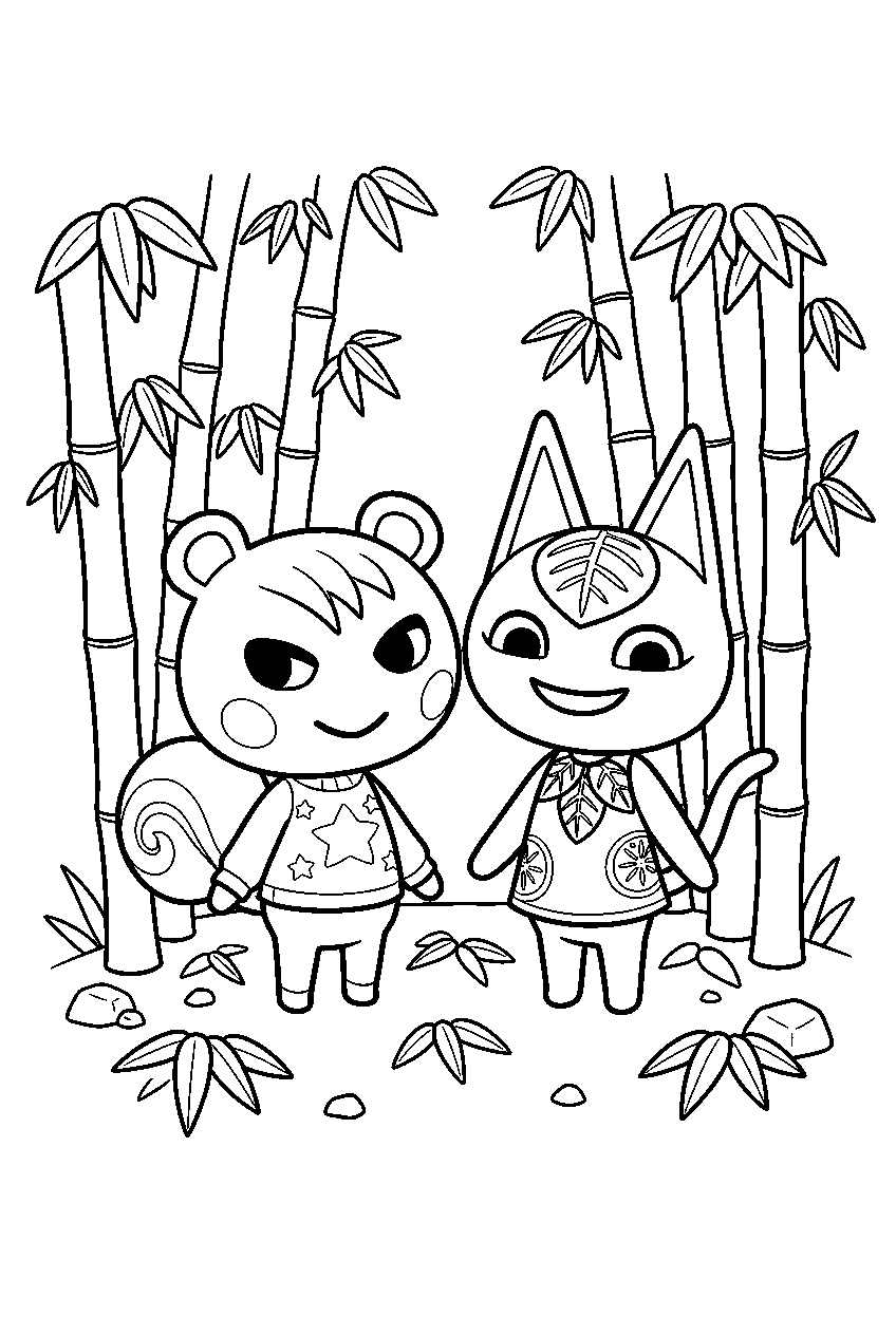 animal crossing characters in bamboo grove line art