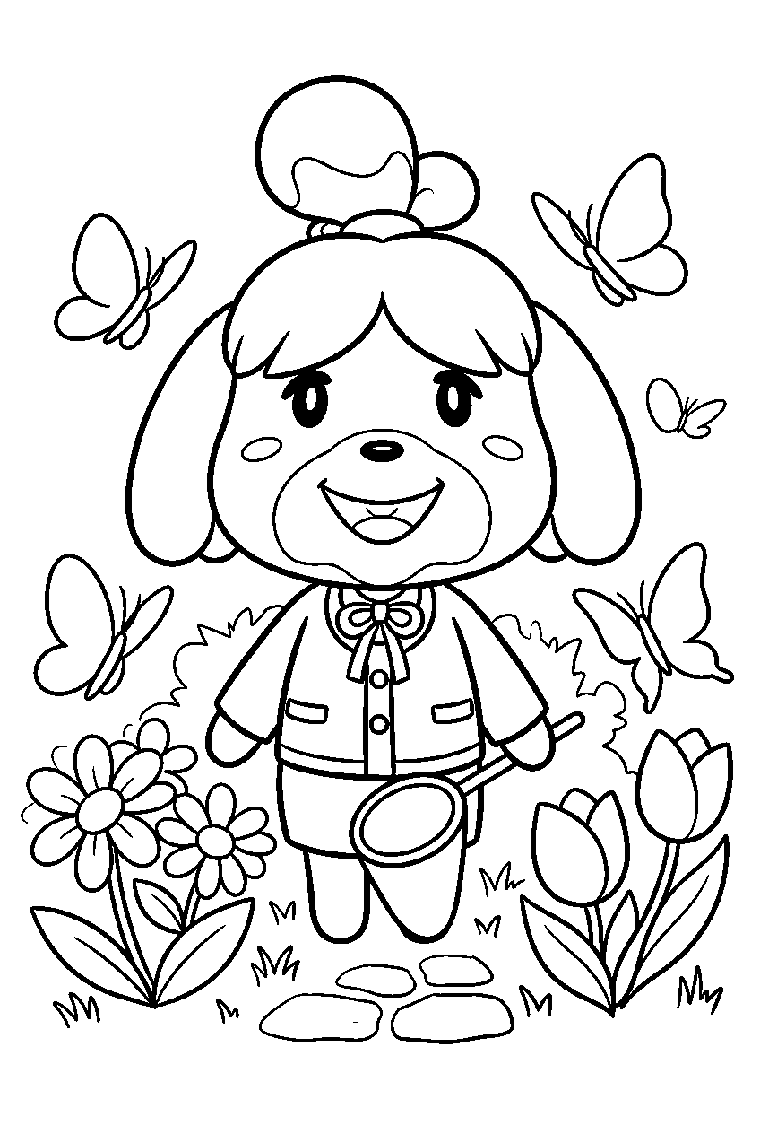 animal crossing characters in butterfly garden line art