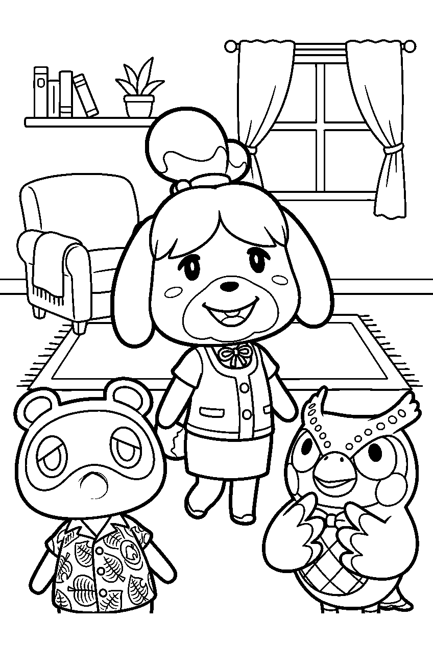 animal crossing characters in cozy living room line art