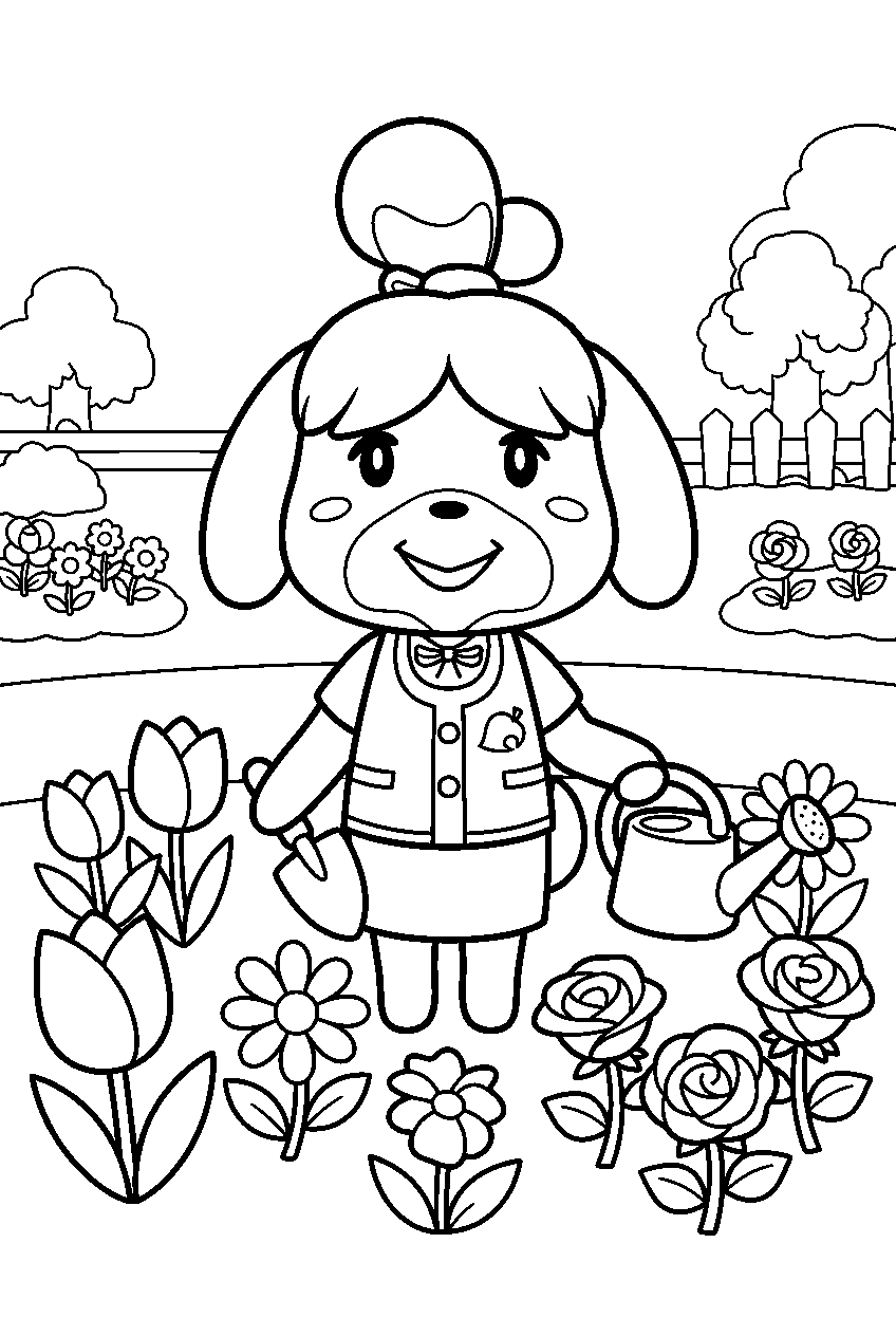 animal crossing characters in flower garden line art
