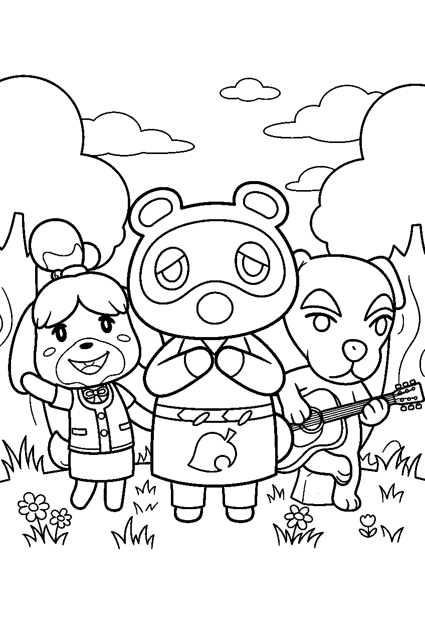 animal crossing characters in forest clearing line art