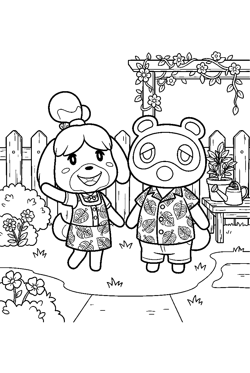 animal crossing characters in home garden line art