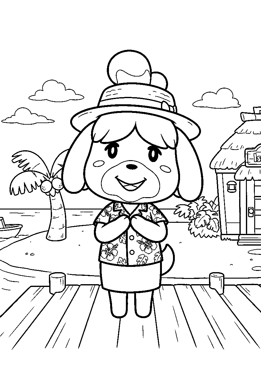 animal crossing characters in island resort line art