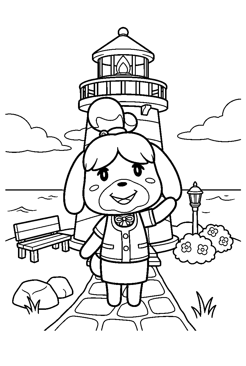 animal crossing characters in lighthouse area line art