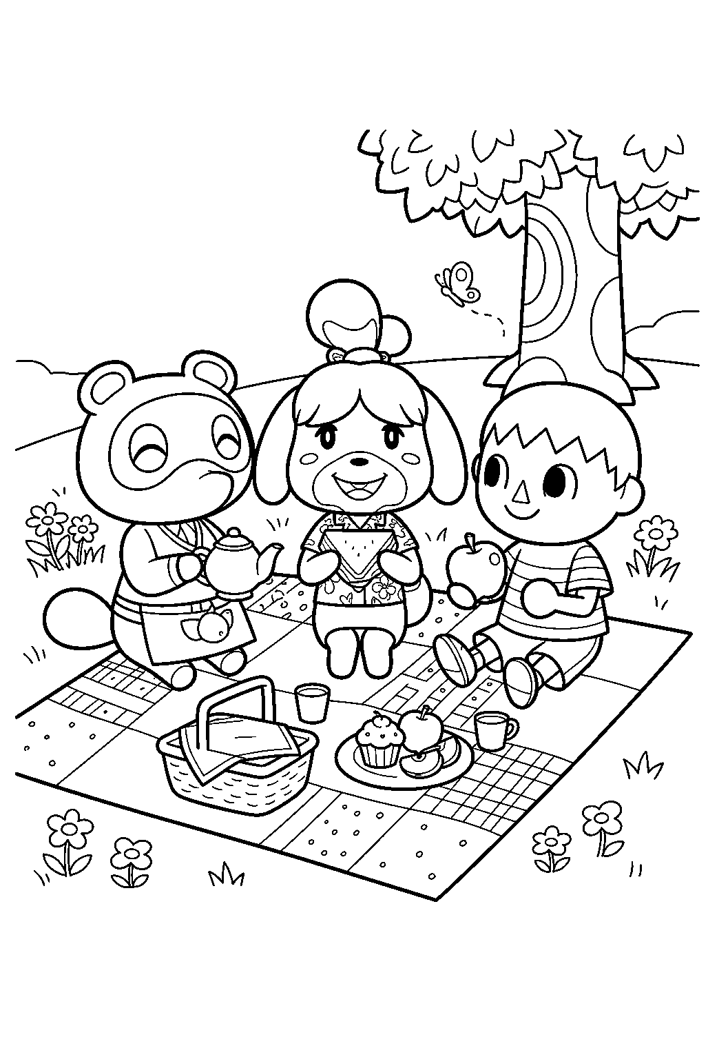 animal crossing characters in picnic area line art