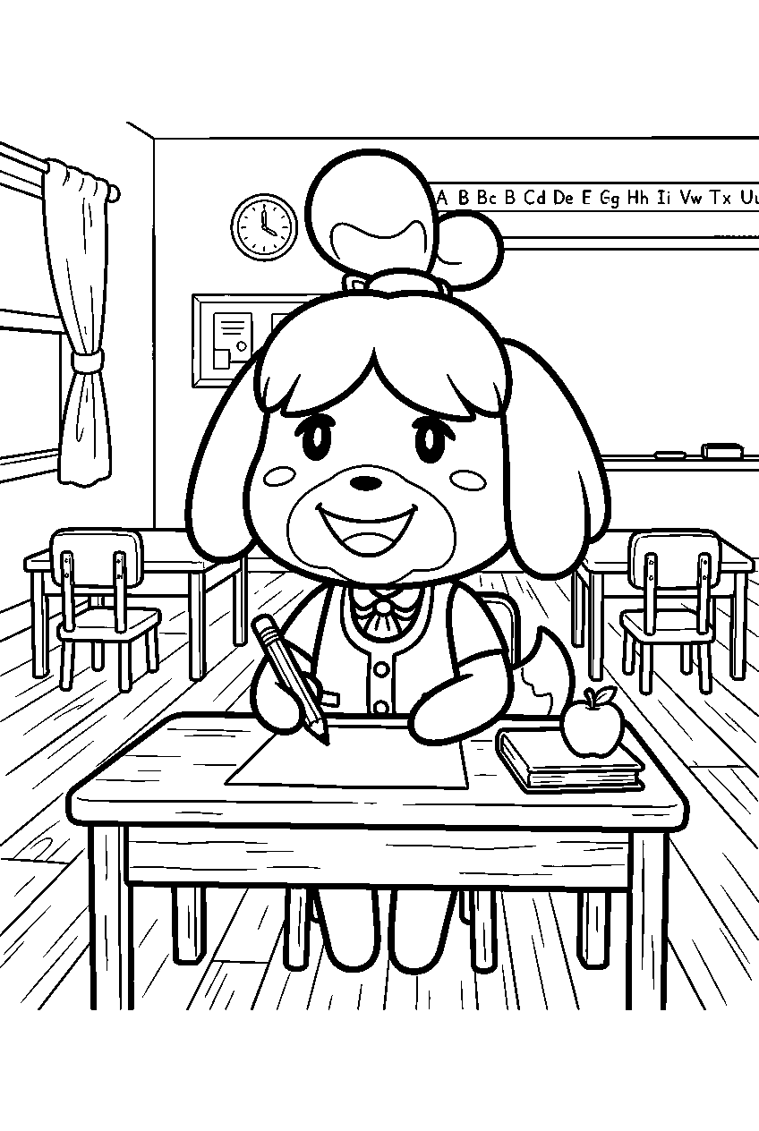 animal crossing characters in school classroom line art