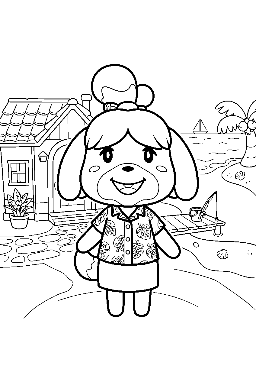 animal crossing characters in seaside village line art