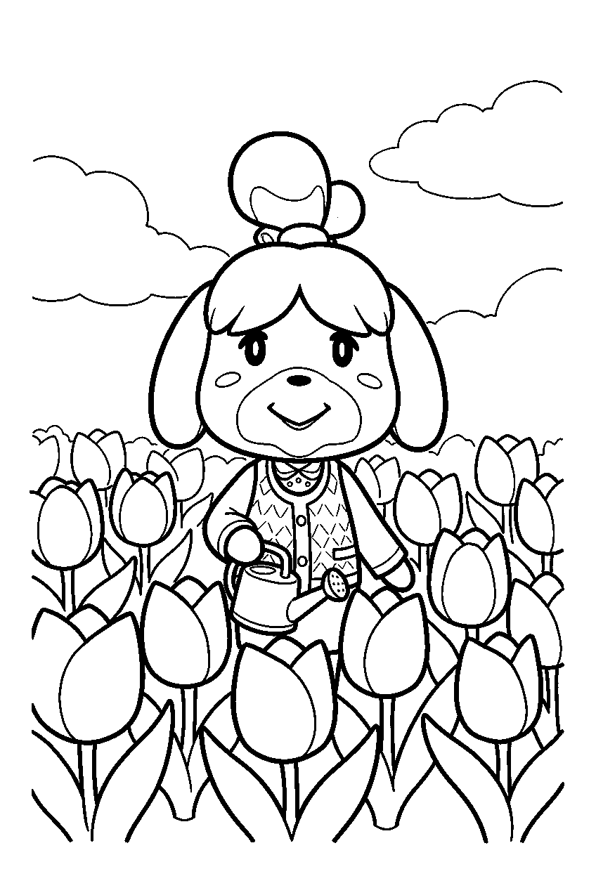 animal crossing characters in tulip field line art
