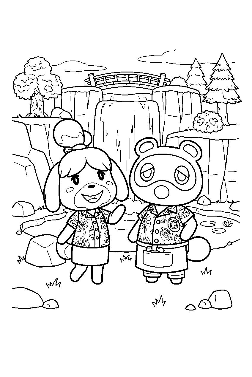 animal crossing characters near waterfall line art