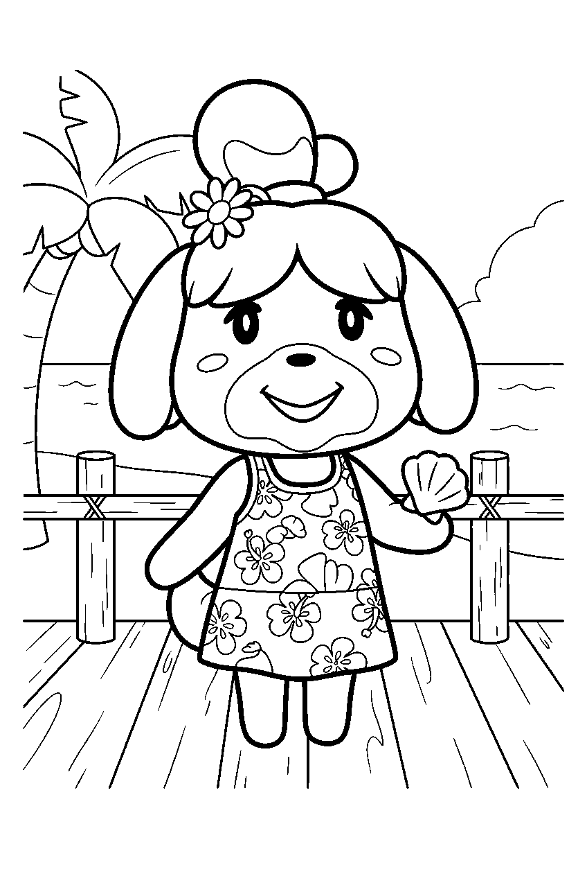 animal crossing characters on beach boardwalk line art