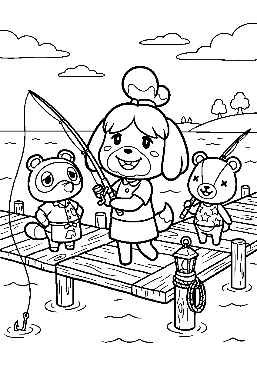 animal crossing characters on fishing dock line art