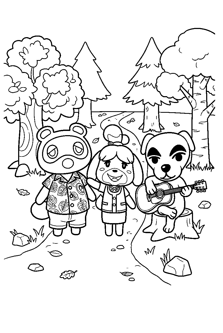 animal crossing characters on forest trail line art