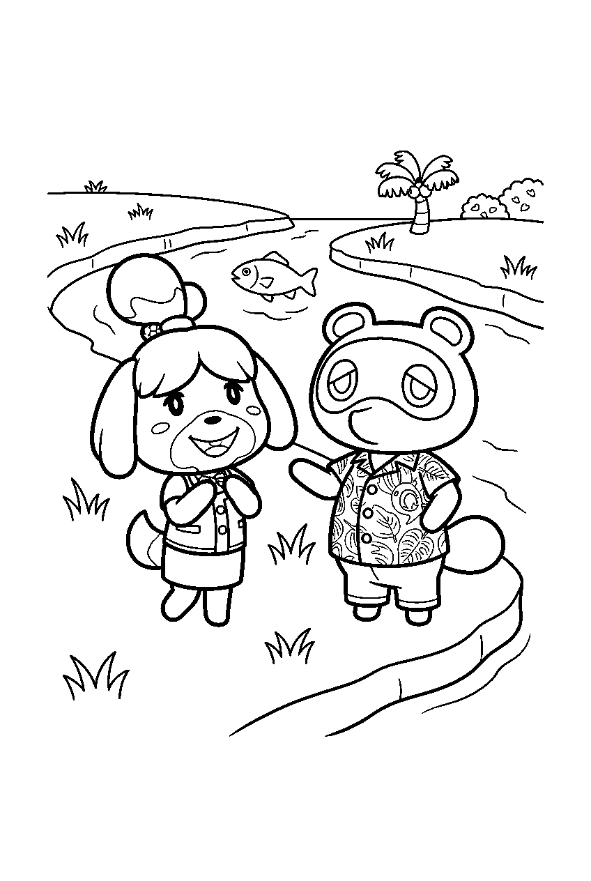 animal crossing characters on riverbank line art