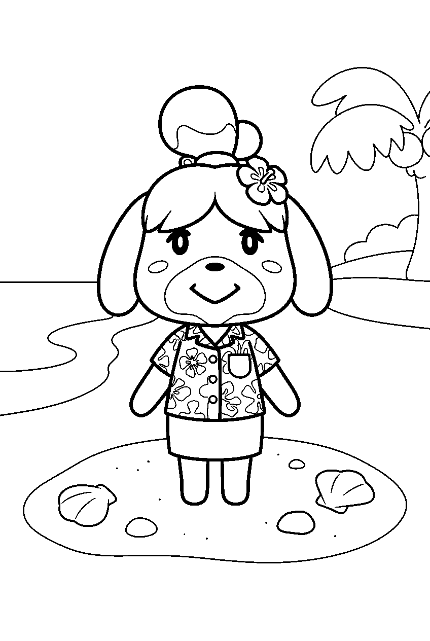 animal crossing characters on sandy beach line art