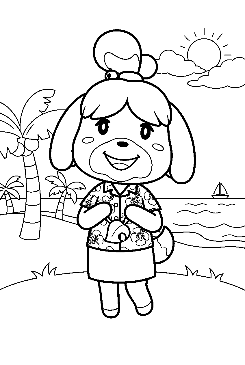 animal crossing characters on tropical island line art