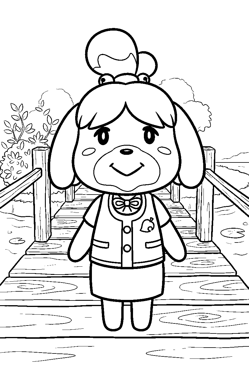 animal crossing characters on wooden bridge line art