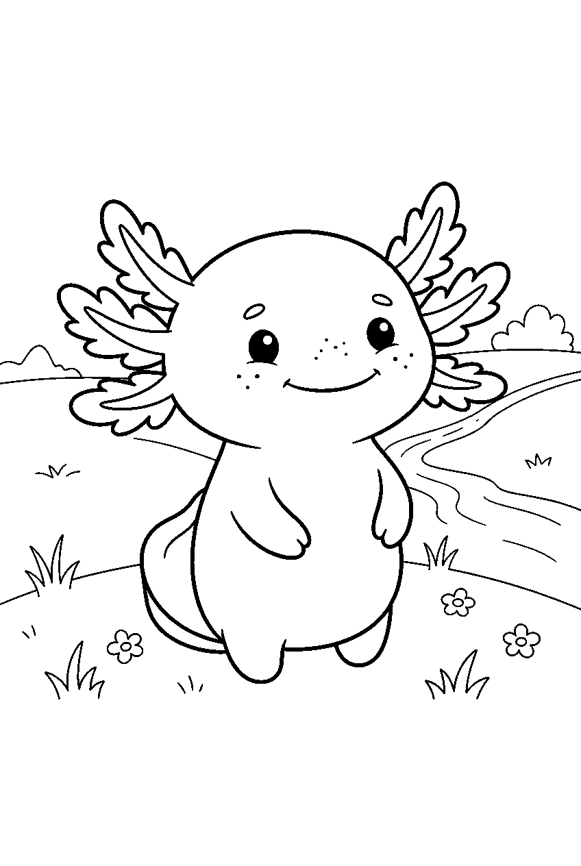 axolotl in countryside field line art