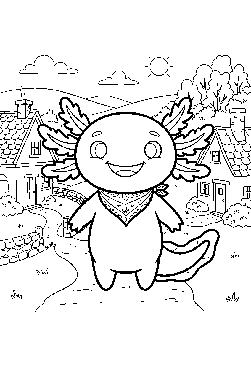 axolotl in countryside village line art