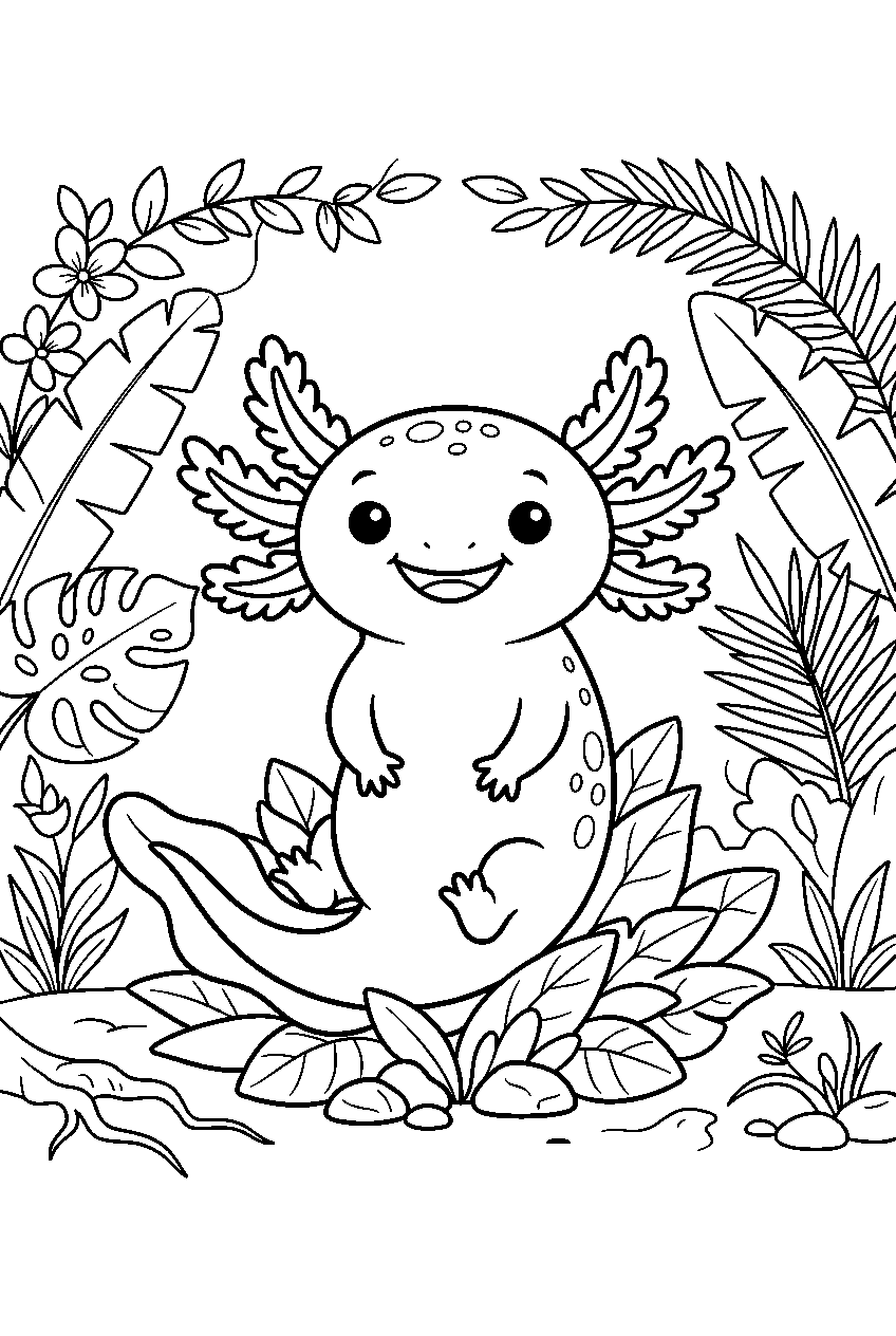 axolotl in tropical forest line art