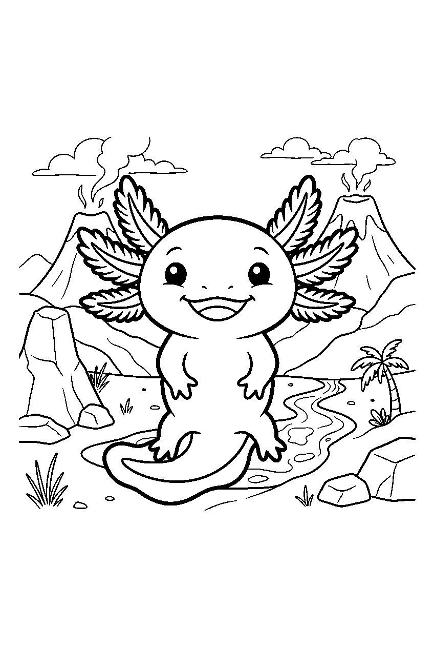 axolotl in volcanic valley line art