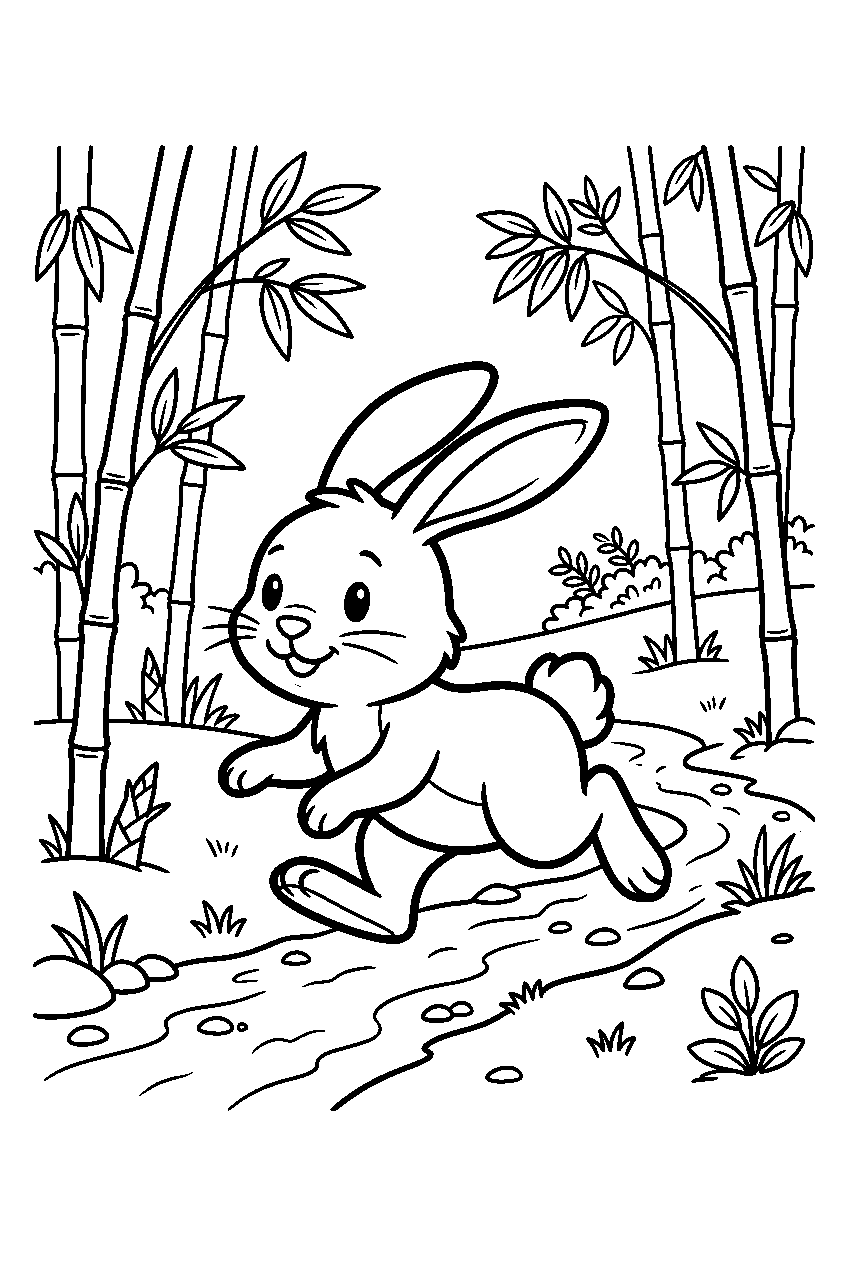 bunny running in bamboo forest line art