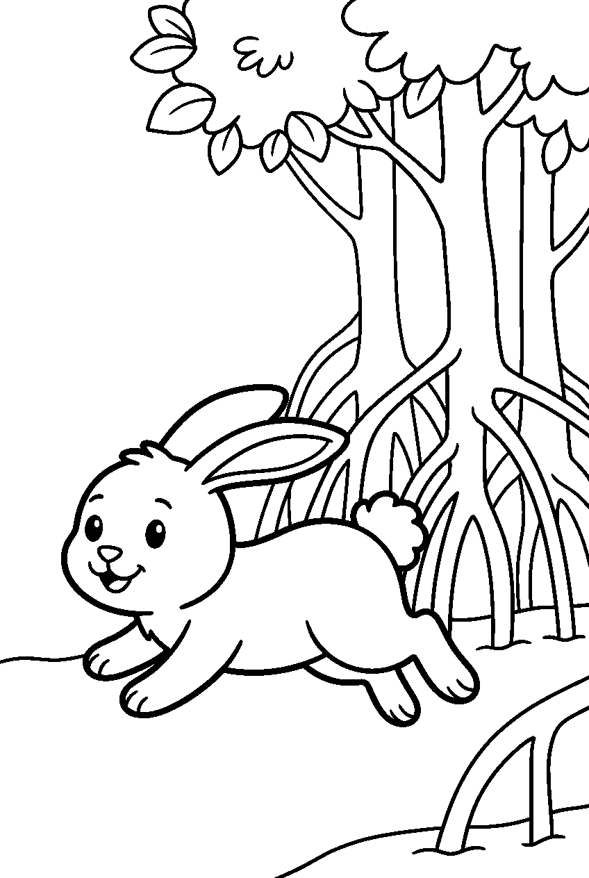 bunny running in mangrove forest line art