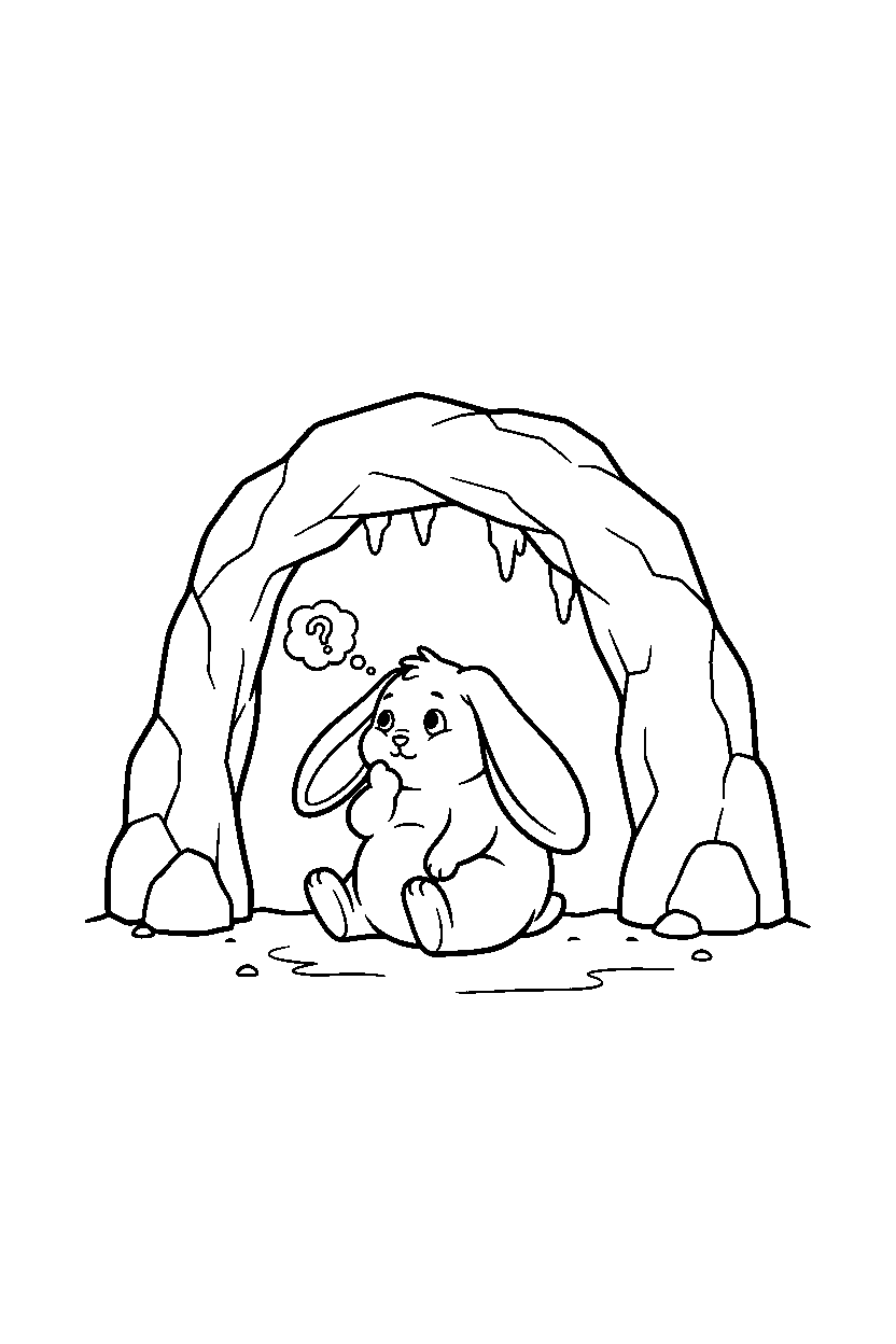 bunny thinking in cave line art