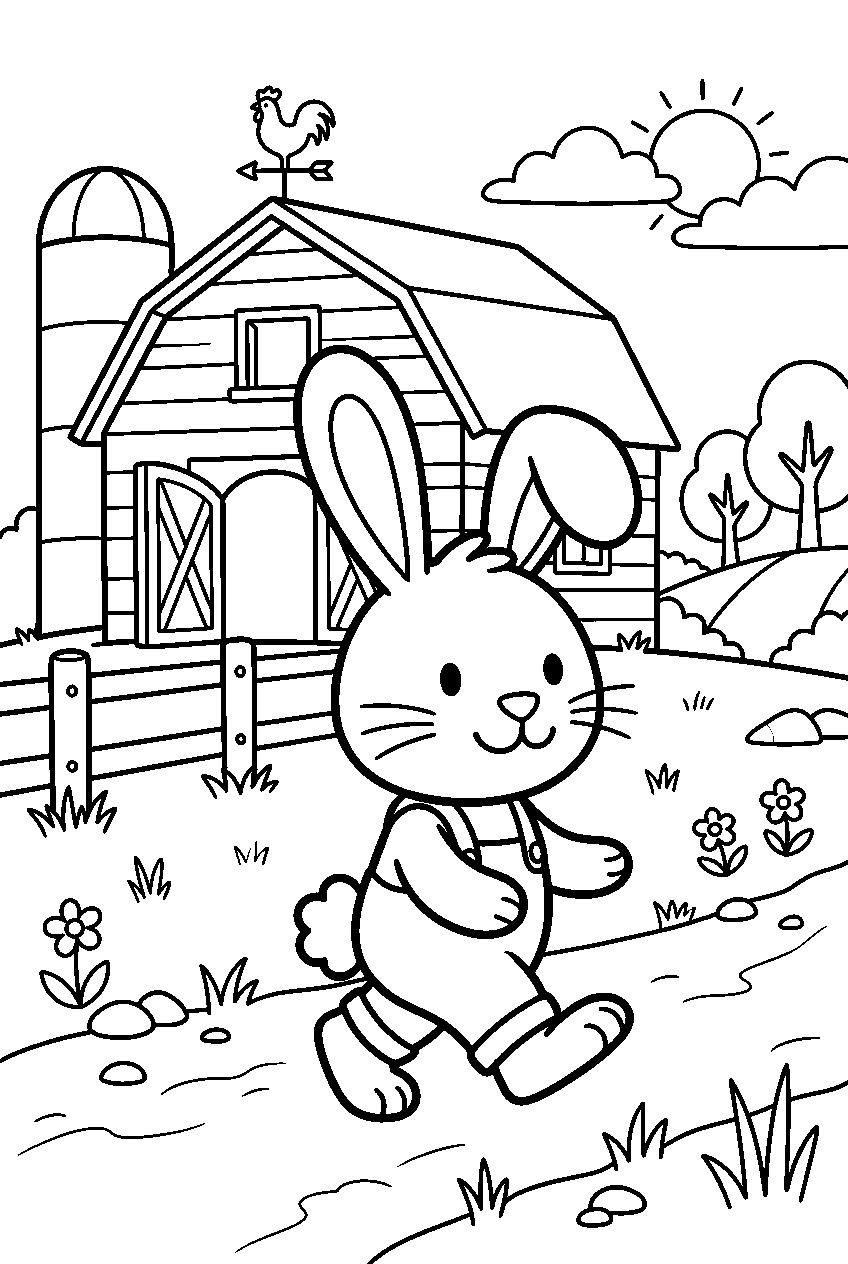 bunny walking in barnyard line art