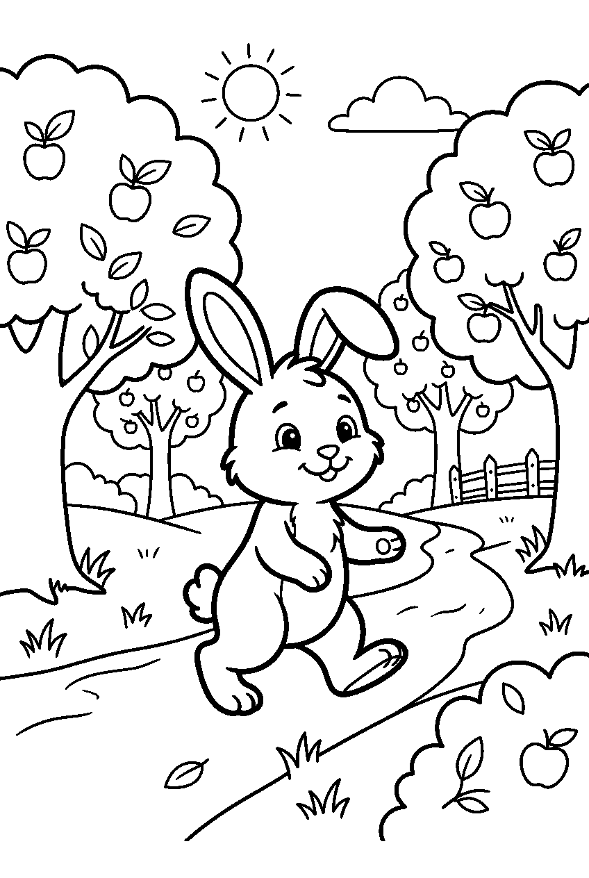 bunny walking in orchard line art