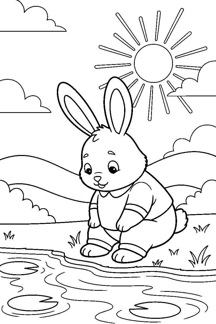 bunny watching in water line art