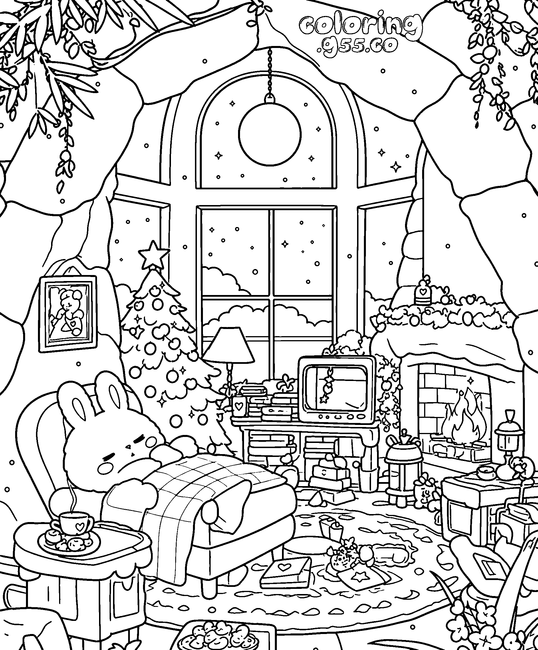 christmas bunny cozy room line art