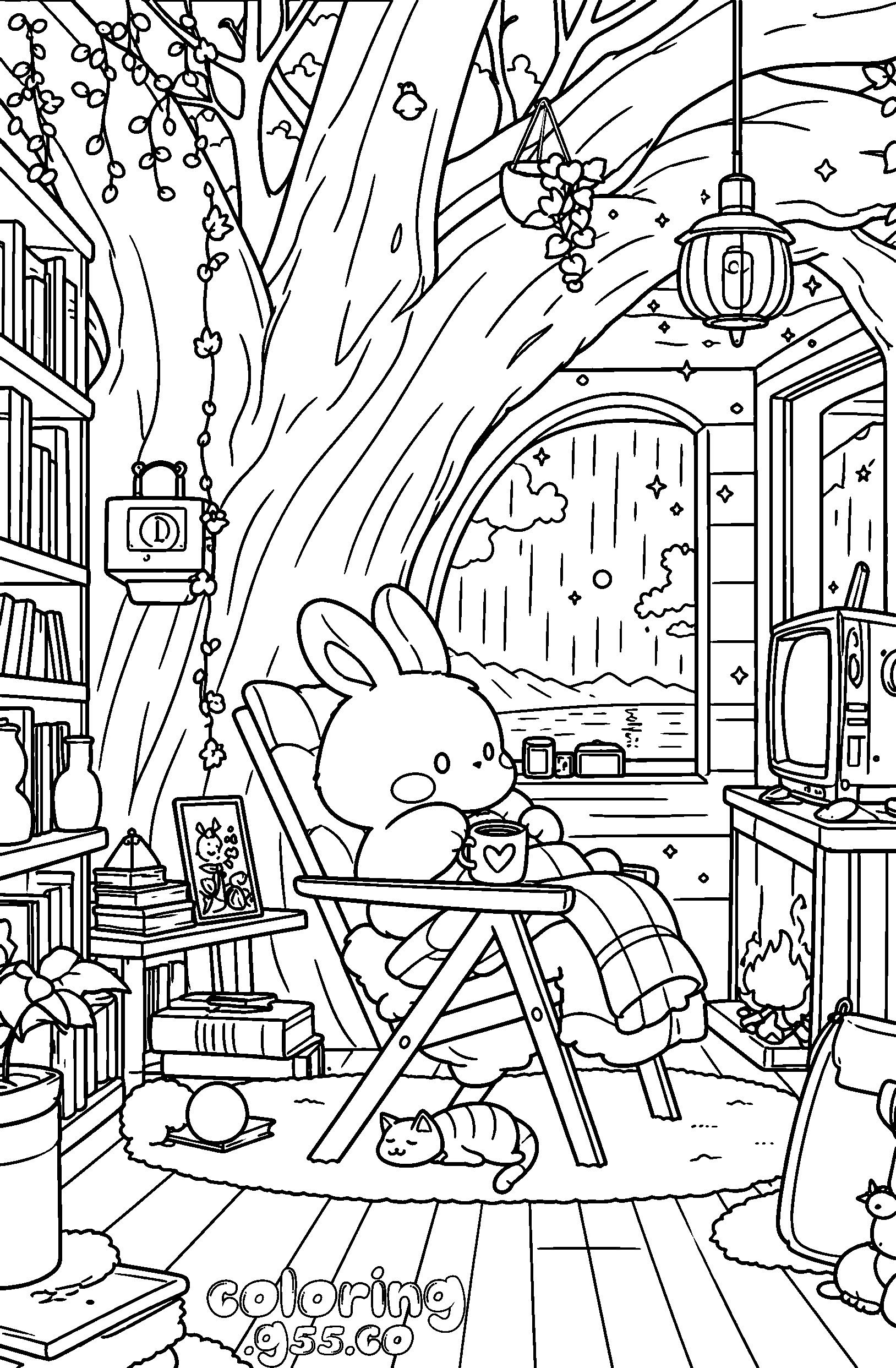 cozy bunny treehouse line art