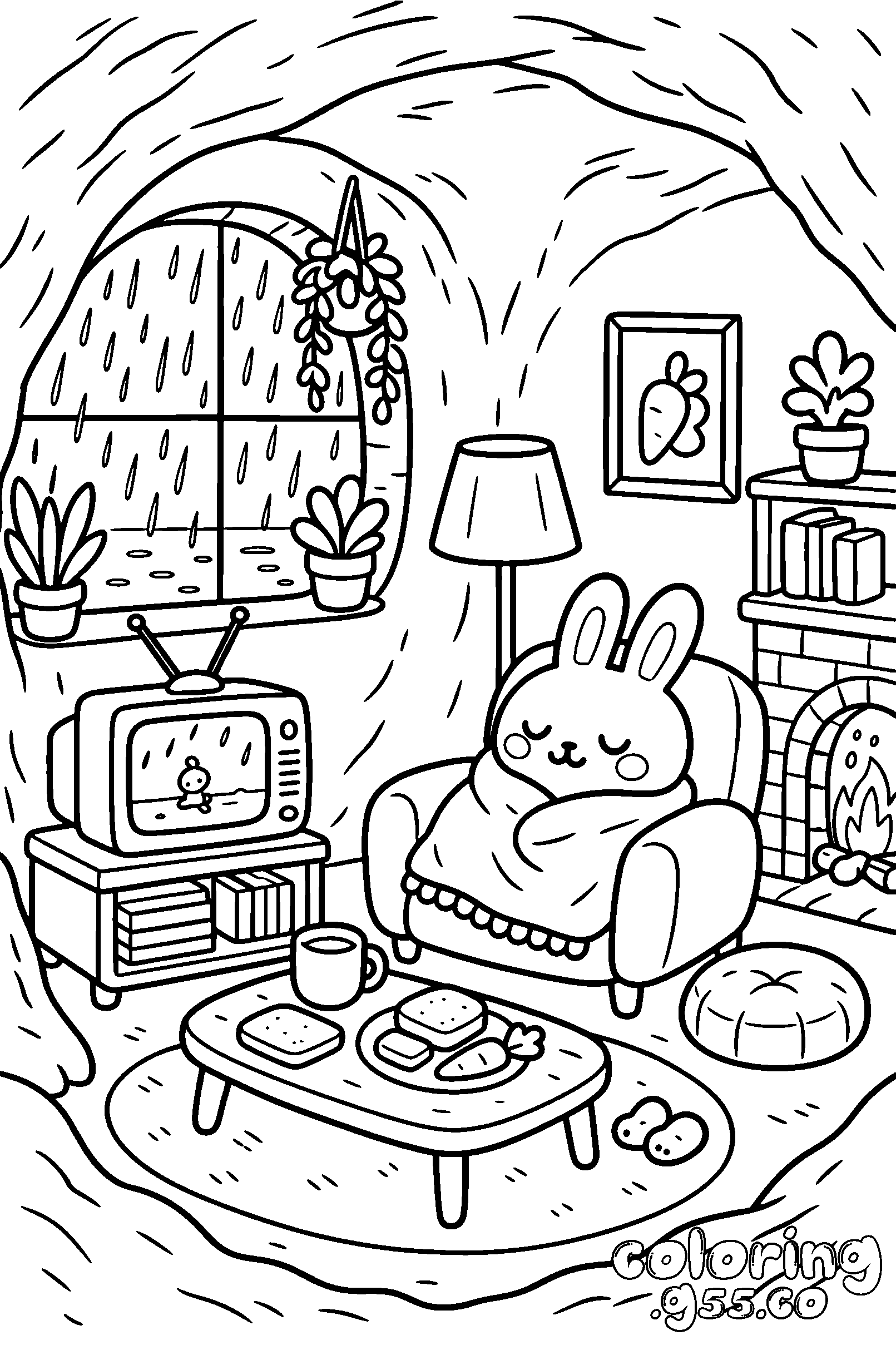 cozy rainy day bunny line art