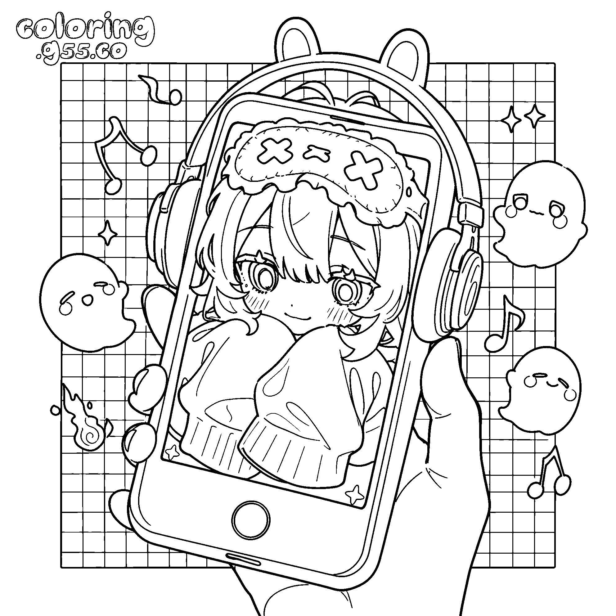 cute anime bunny girl on smartphone line art