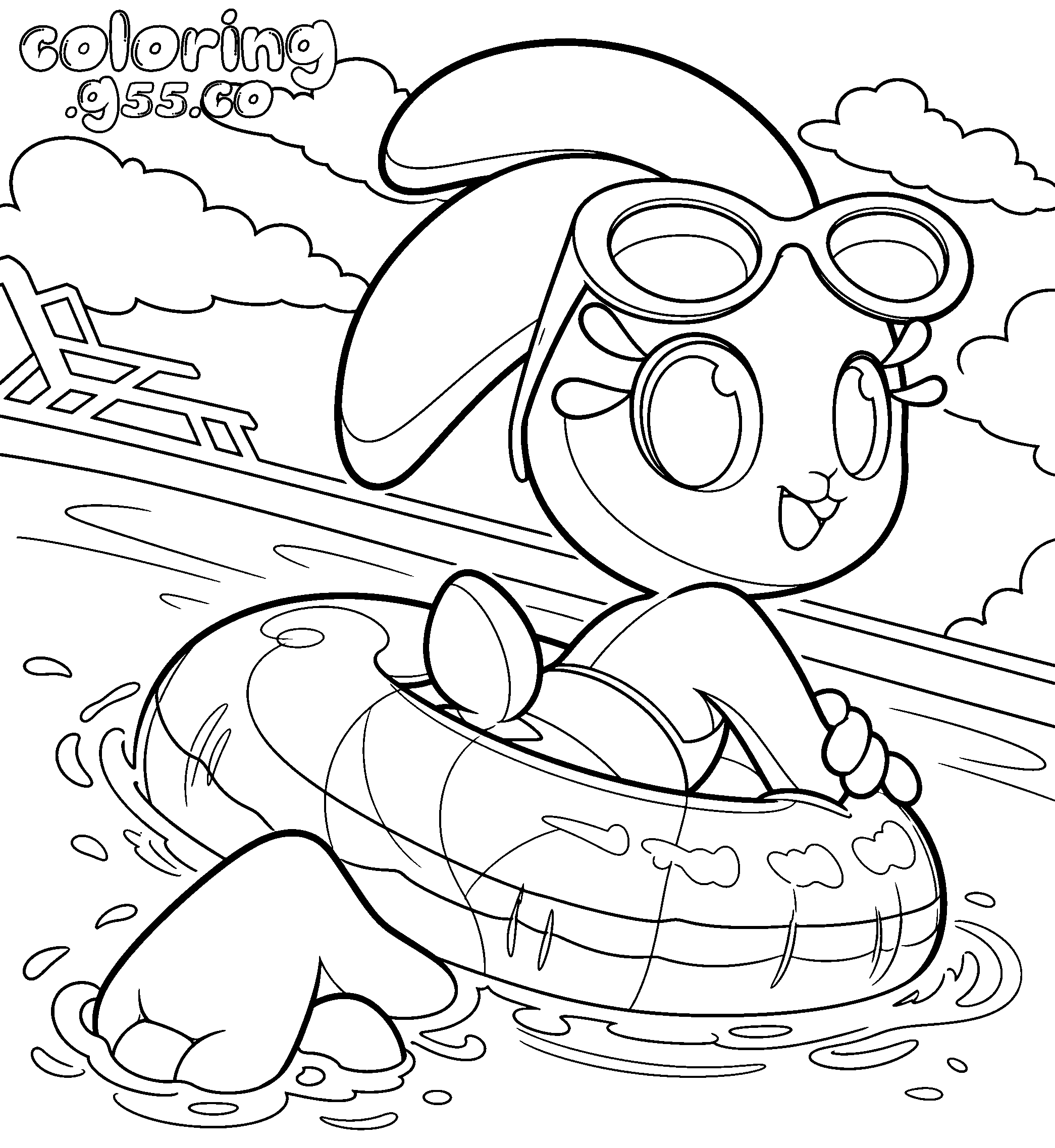 cute beach bunny swimming line art