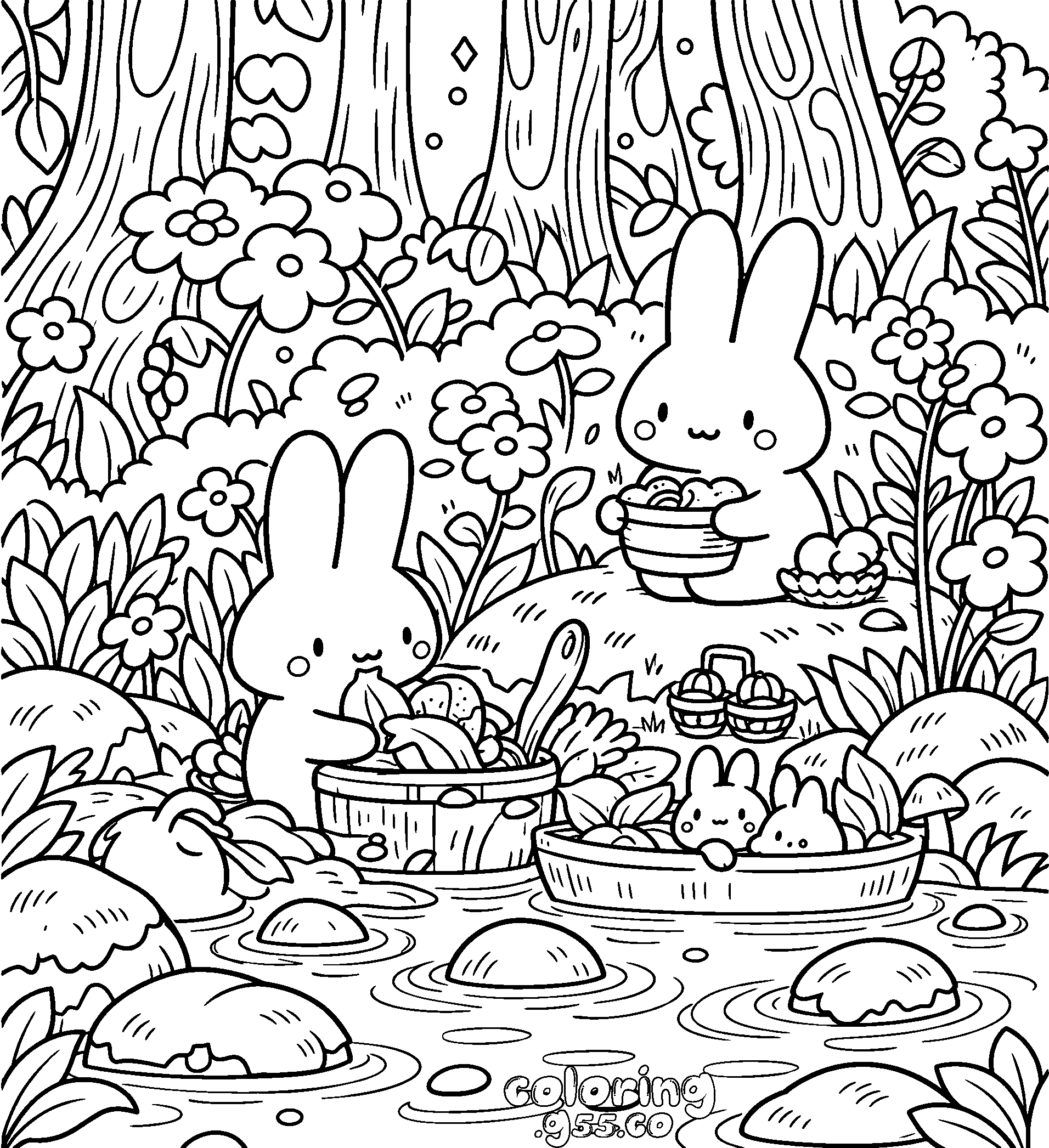 cute bunnies forest picnic line art