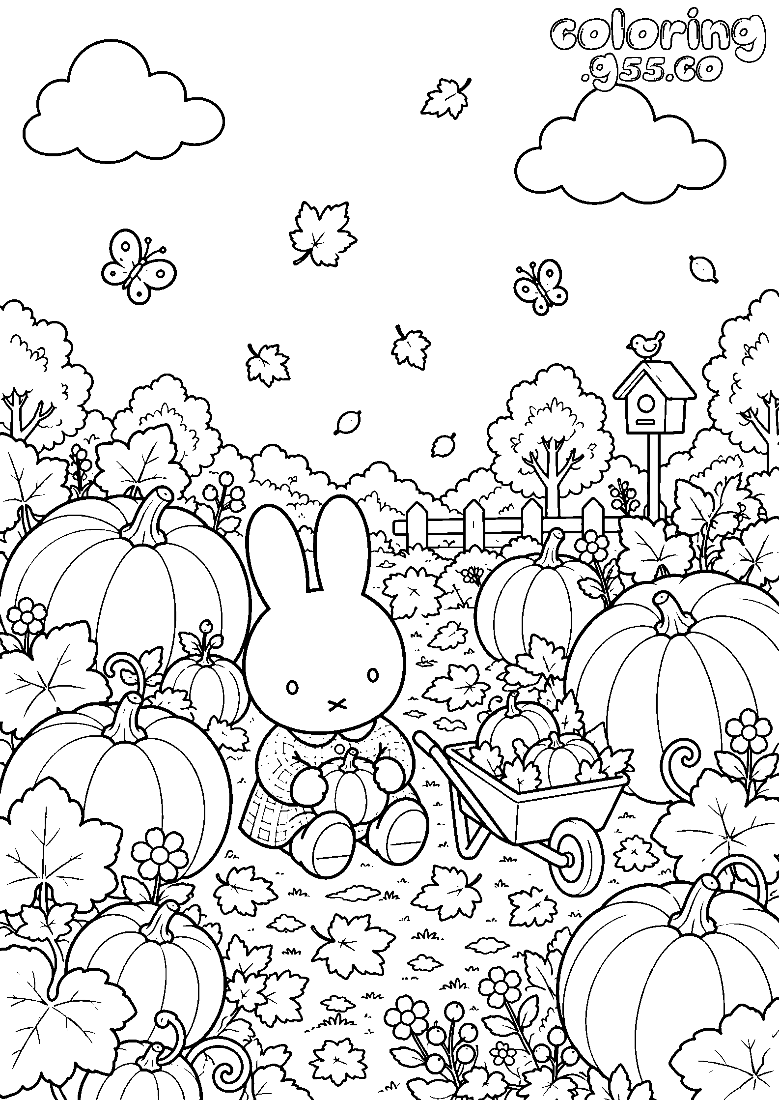 cute bunny in pumpkin patch line art