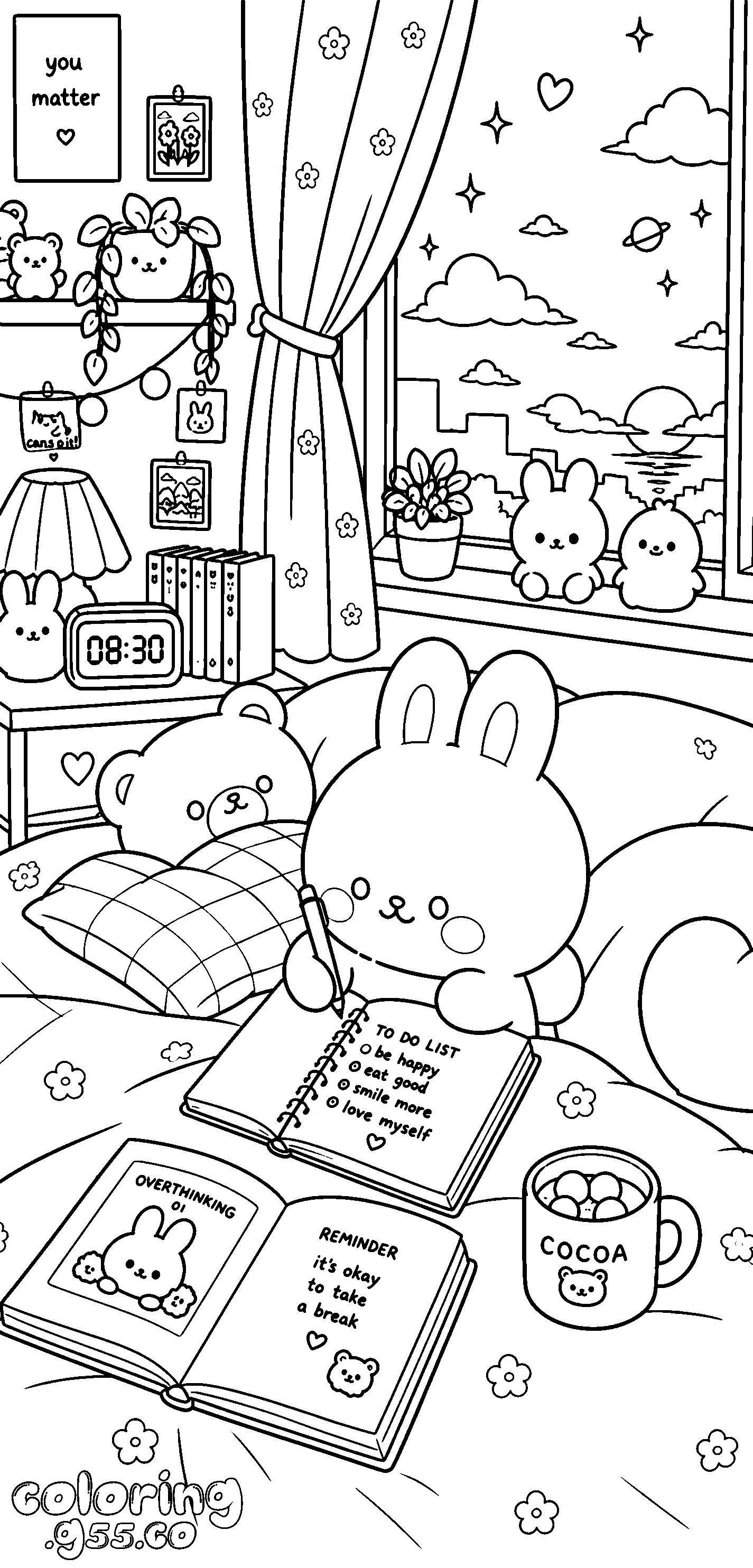 cute bunny writing in journal line art