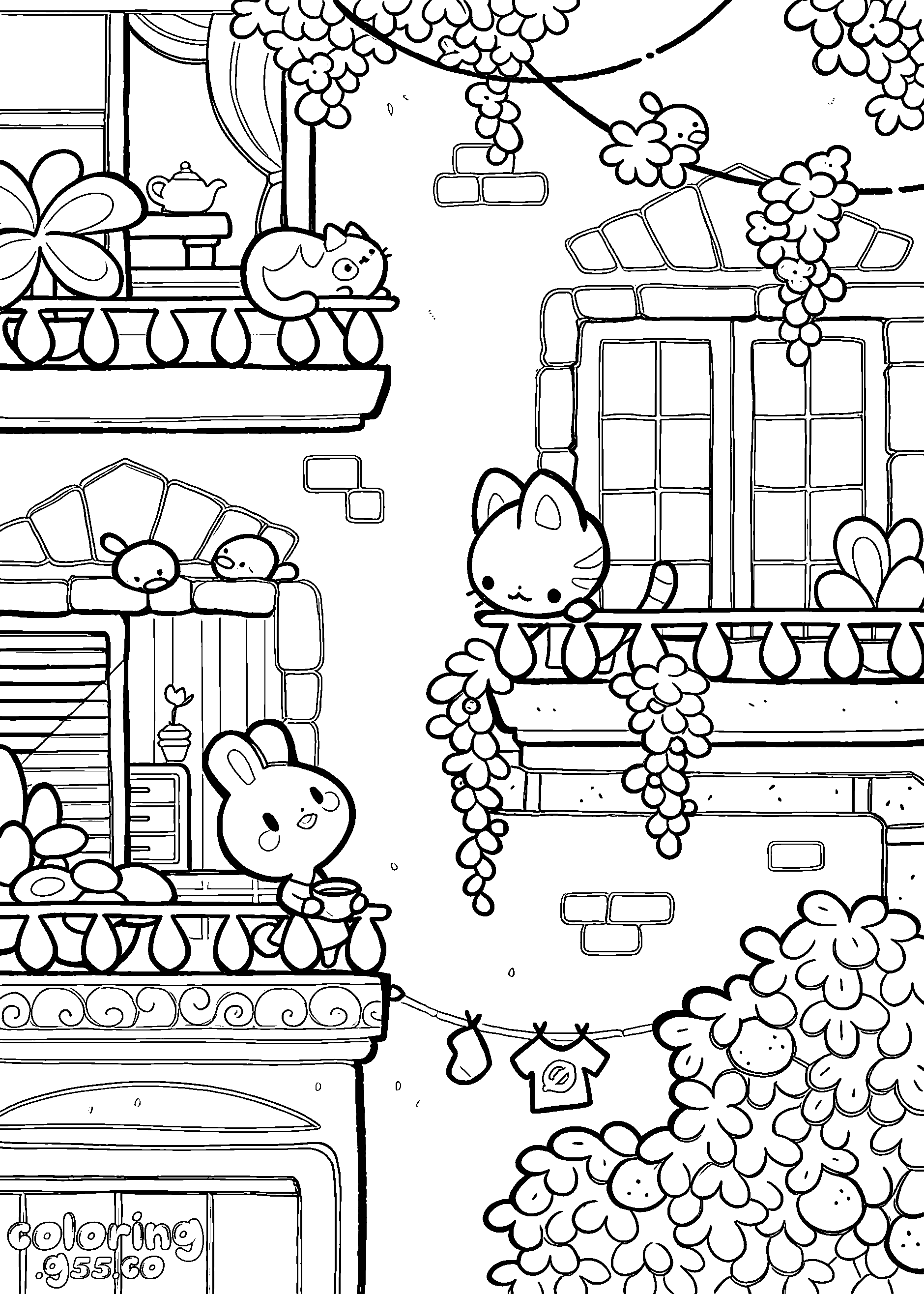 cute cats and bunny balcony line art