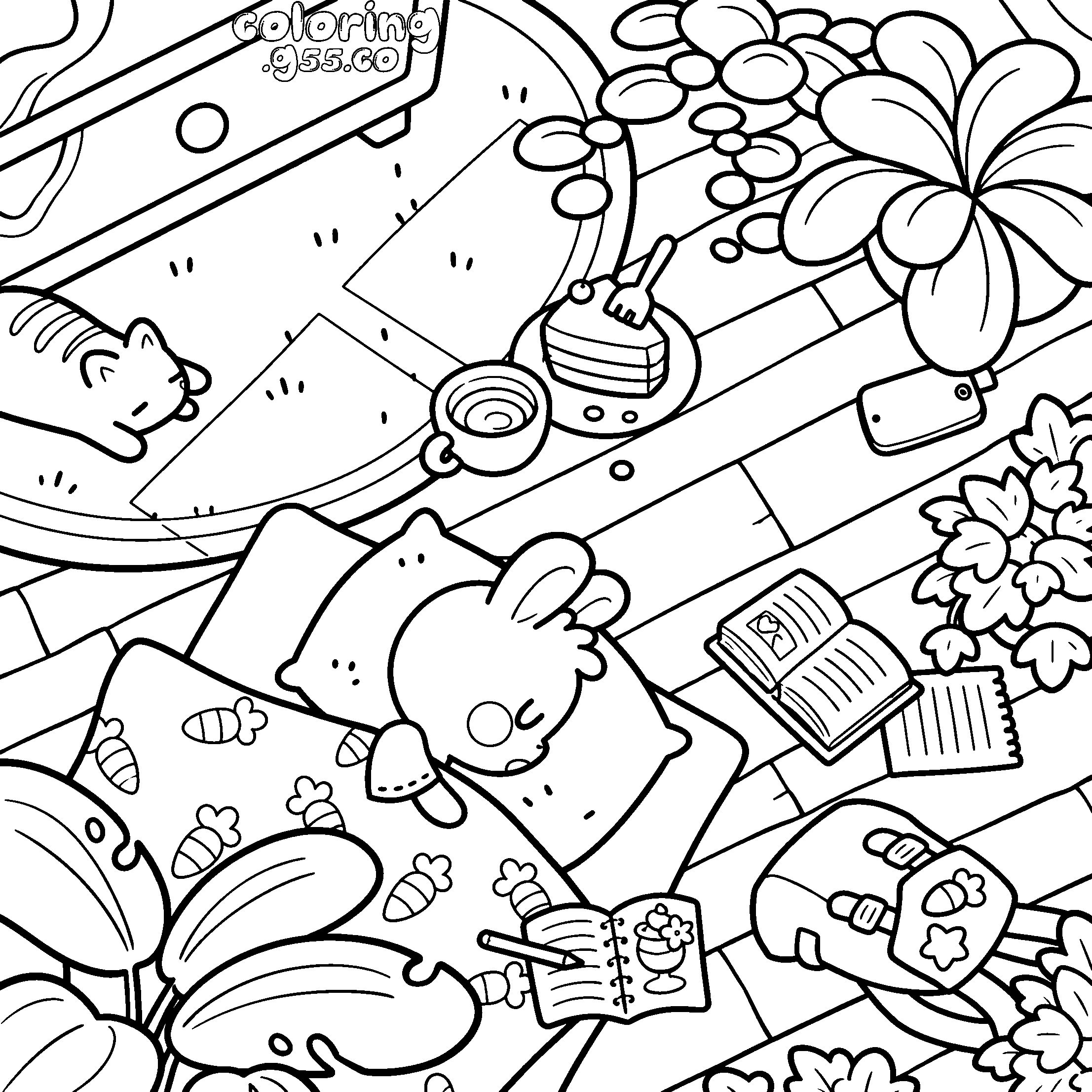 cute sleeping bunny cozy room line art