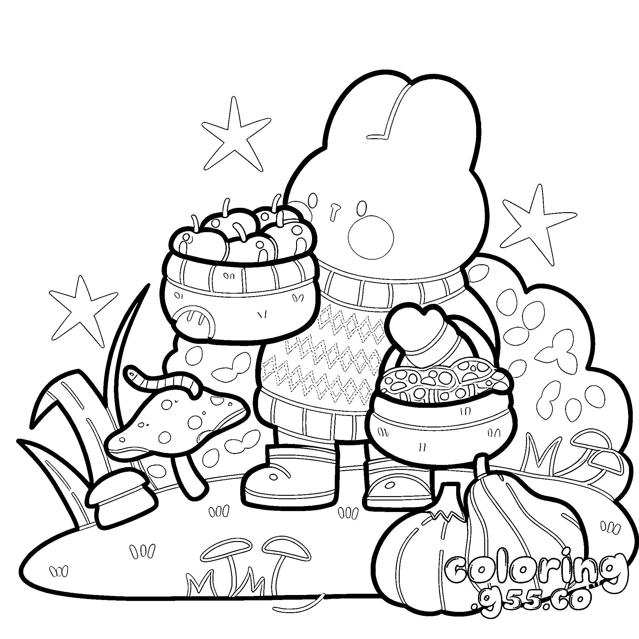 cute bunny harvesting autumn apples and pumpkins line art for kids