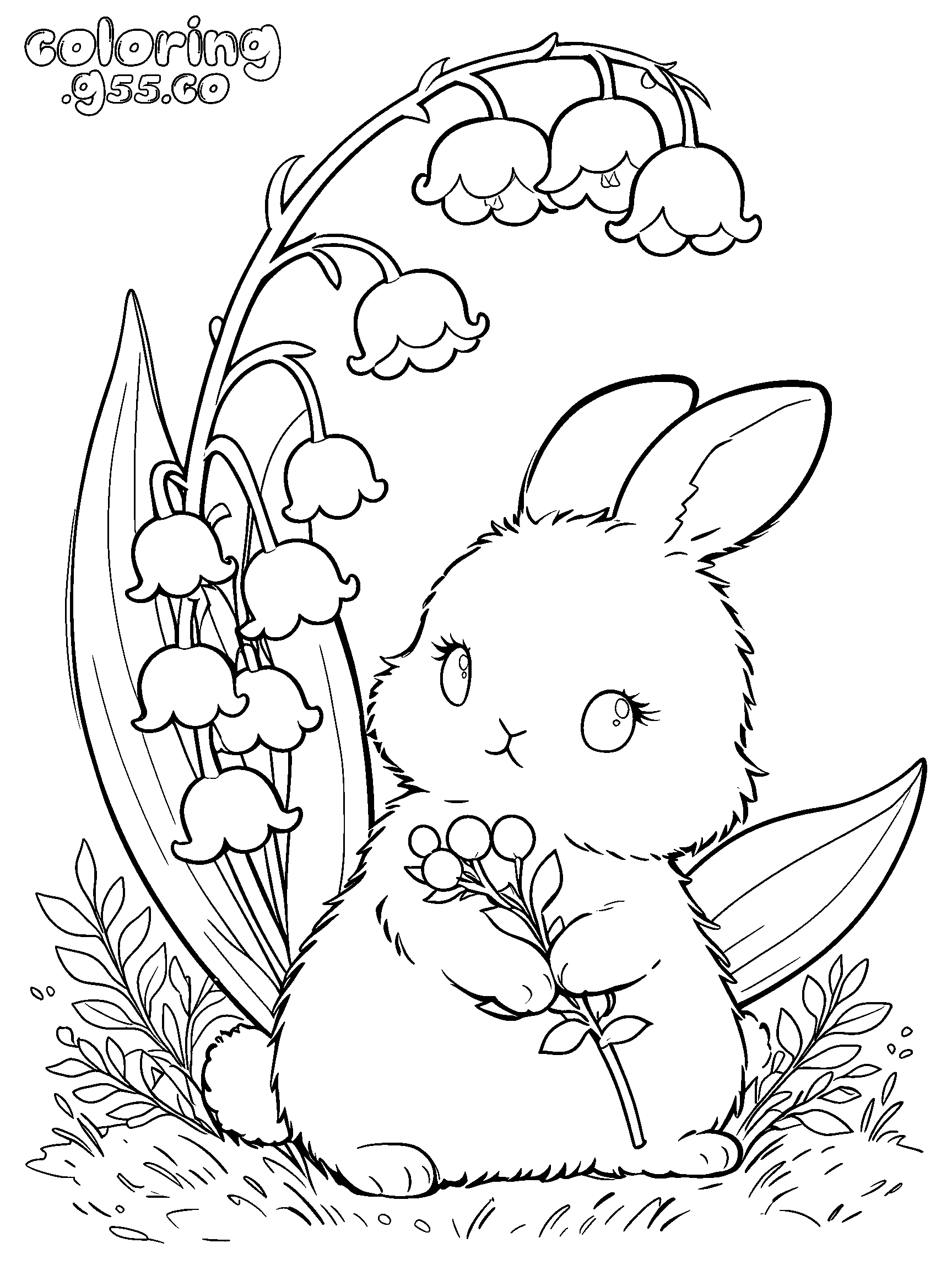 cute bunny holding lily of the valley line art for kids spring bunny animals sheet