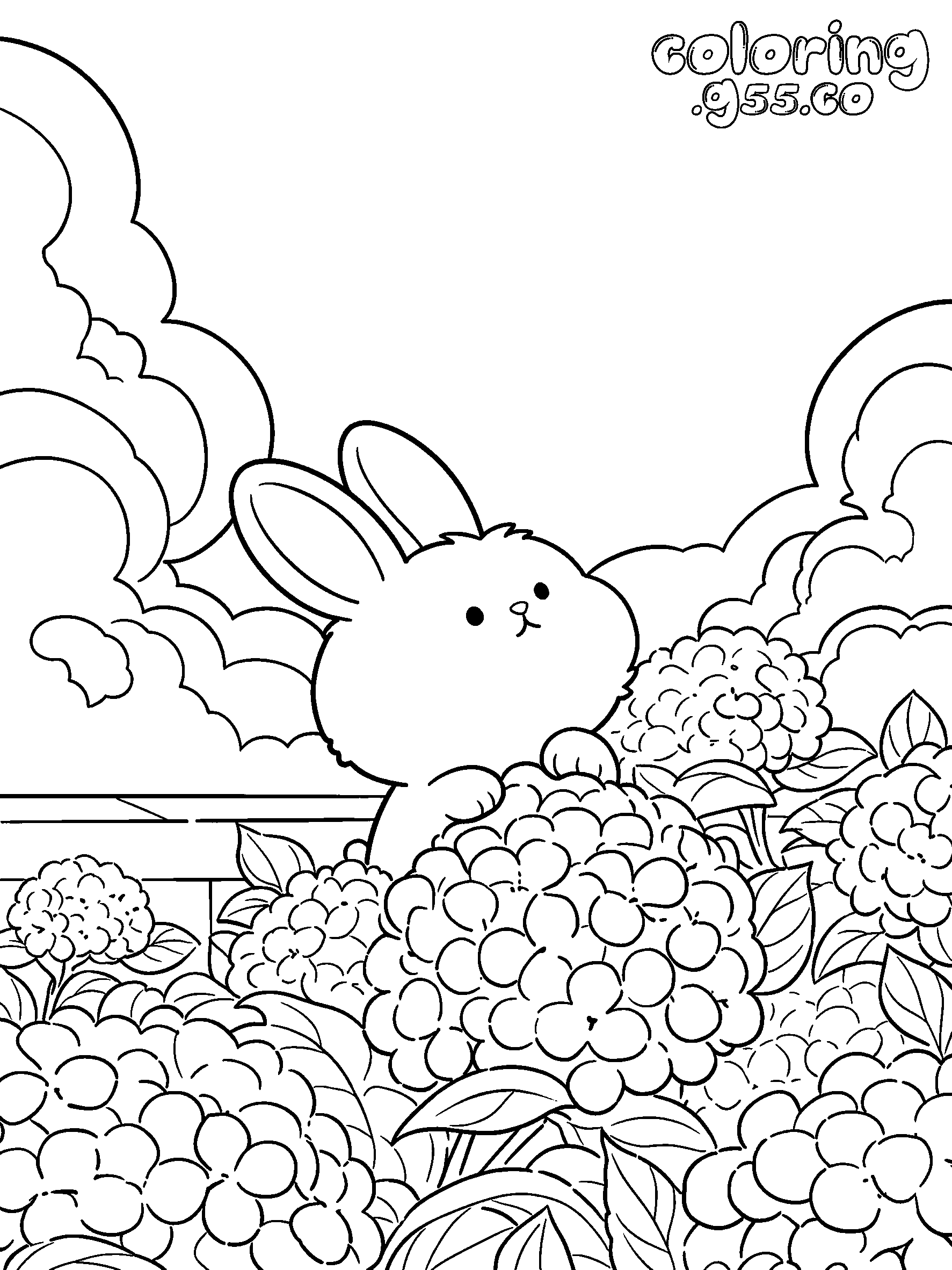 cute bunny in hydrangea flower garden line art for kids summer bunny animals sheet