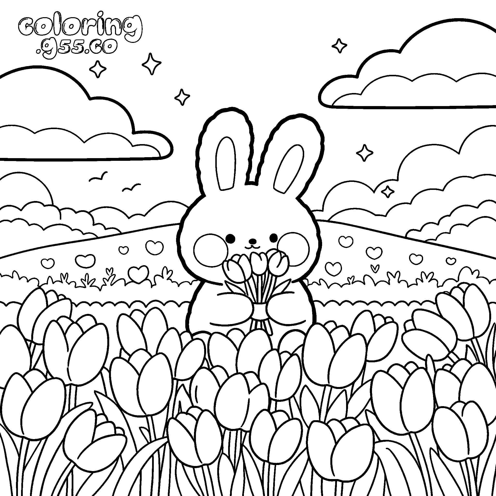 cute bunny in tulip field line art for kids spring animals sheet